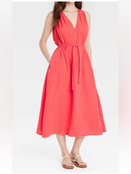Universal Thread Dresses & Skirts - Universal Thread Sleeveless V-Neck Coral Midi Dress Braided Belt Tie Sz L NWT